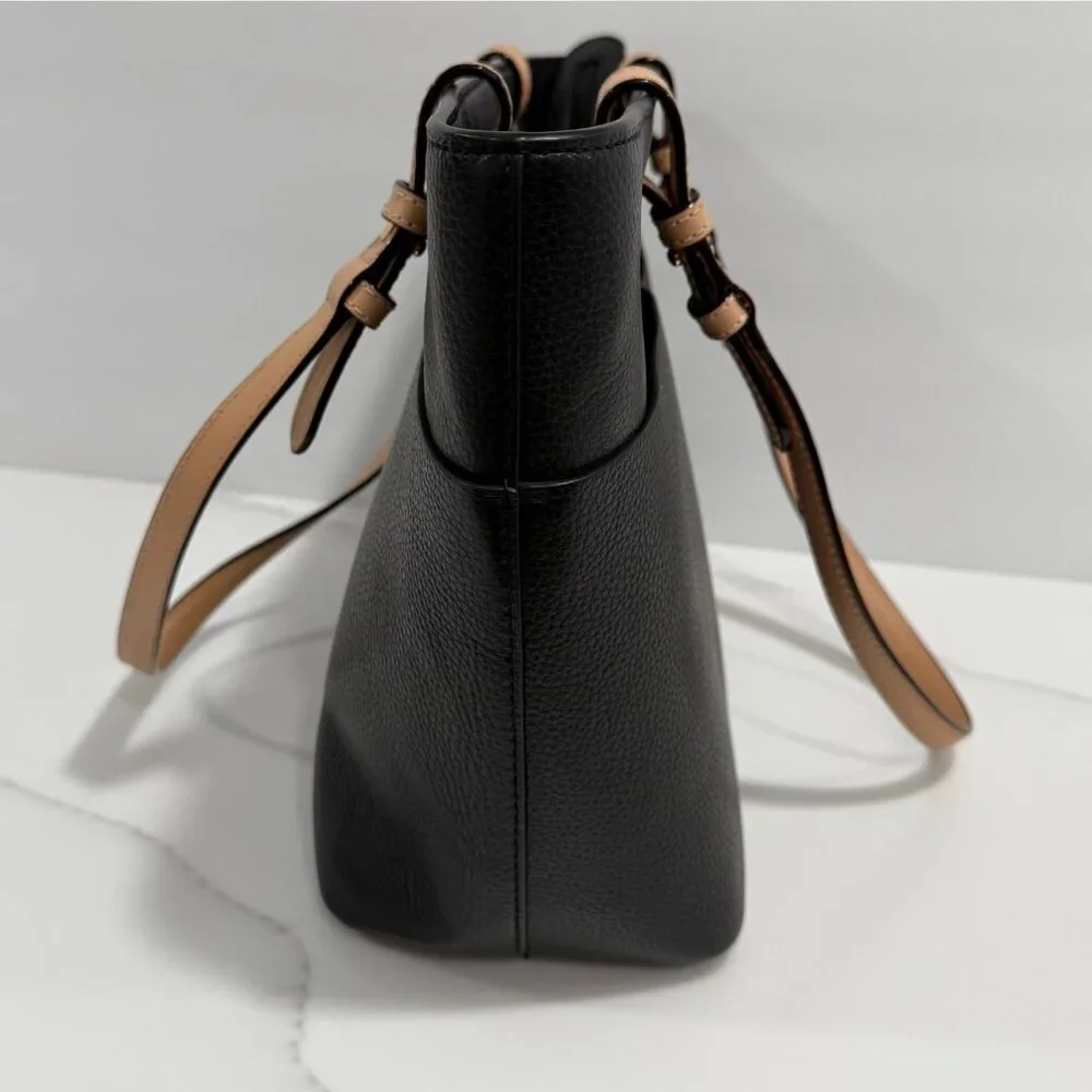 Michael Kors Bedford Pebbled Leather Pocket Tote Handbag Black Tan Straps Travel - Picture 6 of 12